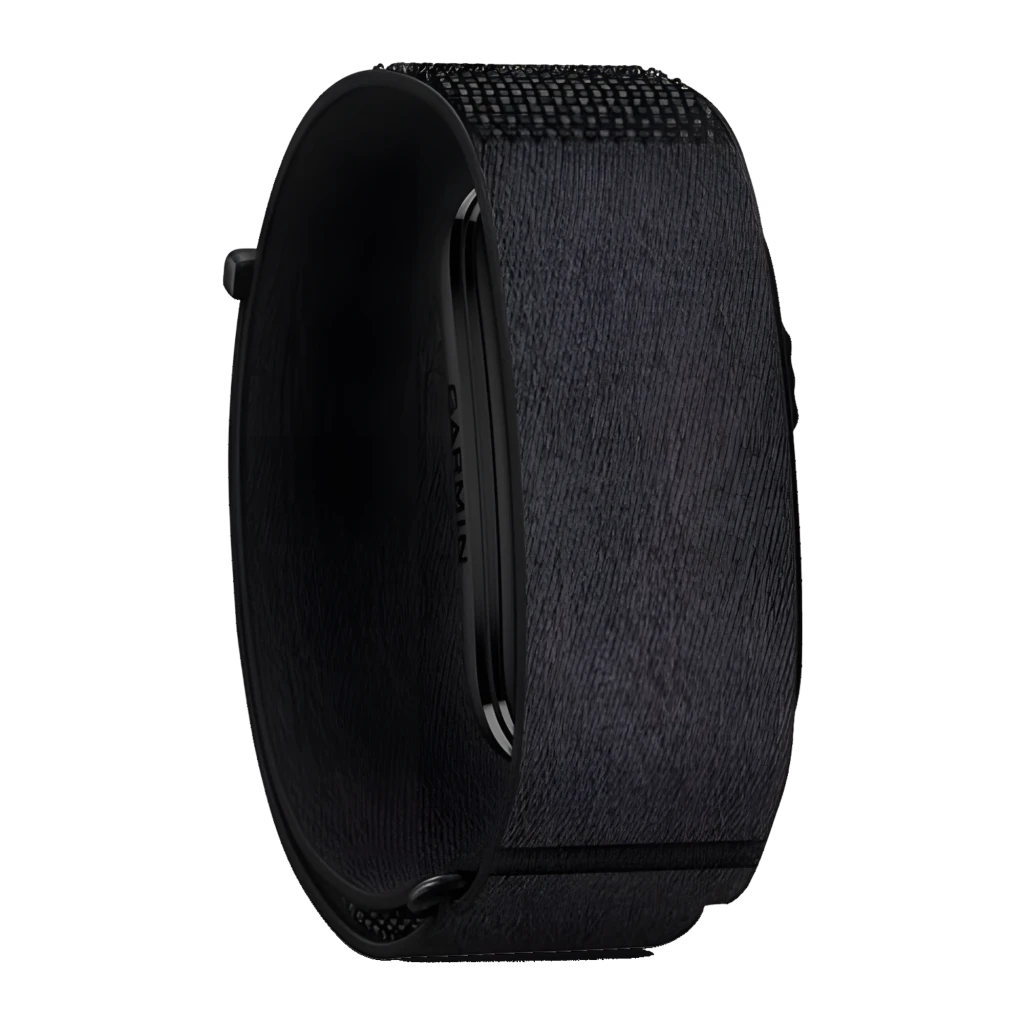Garmin CIRQA Smart Band preta L-XL, vista lateral em ângulo: pulseira têxtil escura com módulo central e fecho inferior - Item2