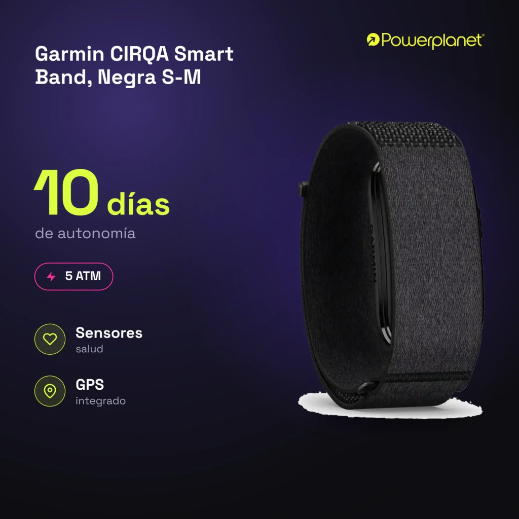 Garmin CIRQA Smart Band S-M preto, vista frontal em ângulo: pulseira têxtil com velcro e módulo fino lateral com logo Garmin - Item5