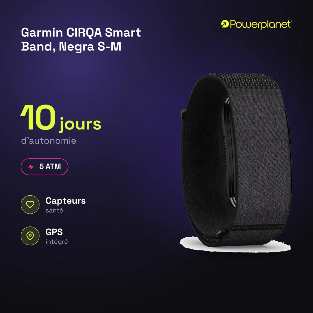 Garmin CIRQA Smart Band S-M preto, vista frontal em ângulo: pulseira têxtil com velcro e módulo fino lateral com logo Garmin - Item6