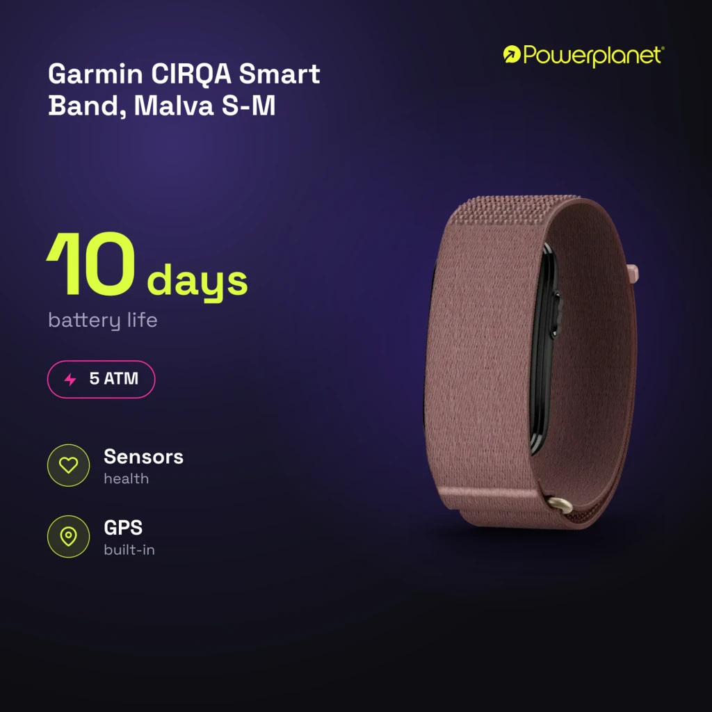 Garmin CIRQA Smart Band Malva S-M roxo, vista lateral: pulseira têxtil em loop e cápsula preta lateral - Item7