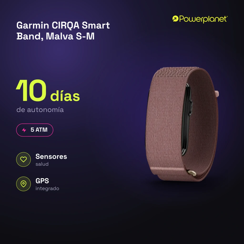 Garmin CIRQA Smart Band Malva S-M roxo, vista lateral: pulseira têxtil em loop e cápsula preta lateral - Item4