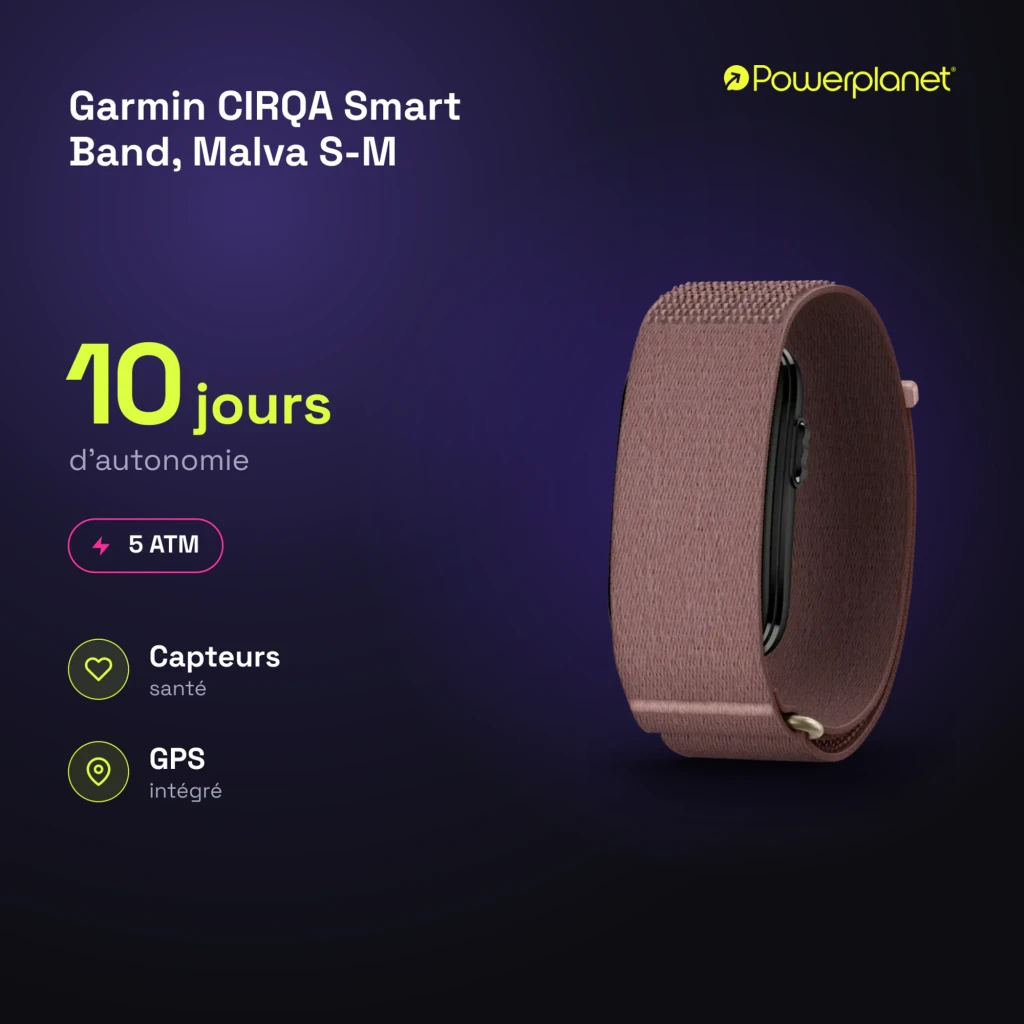 Garmin CIRQA Smart Band Malva S-M roxo, vista lateral: pulseira têxtil em loop e cápsula preta lateral - Item6