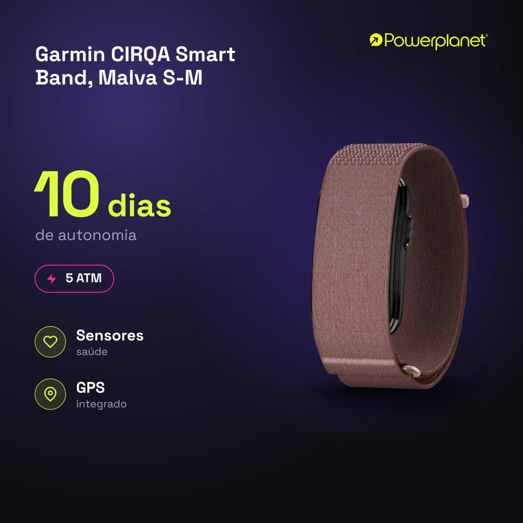 Garmin CIRQA Smart Band Malva S-M roxo, vista lateral: pulseira têxtil em loop e cápsula preta lateral - Item5