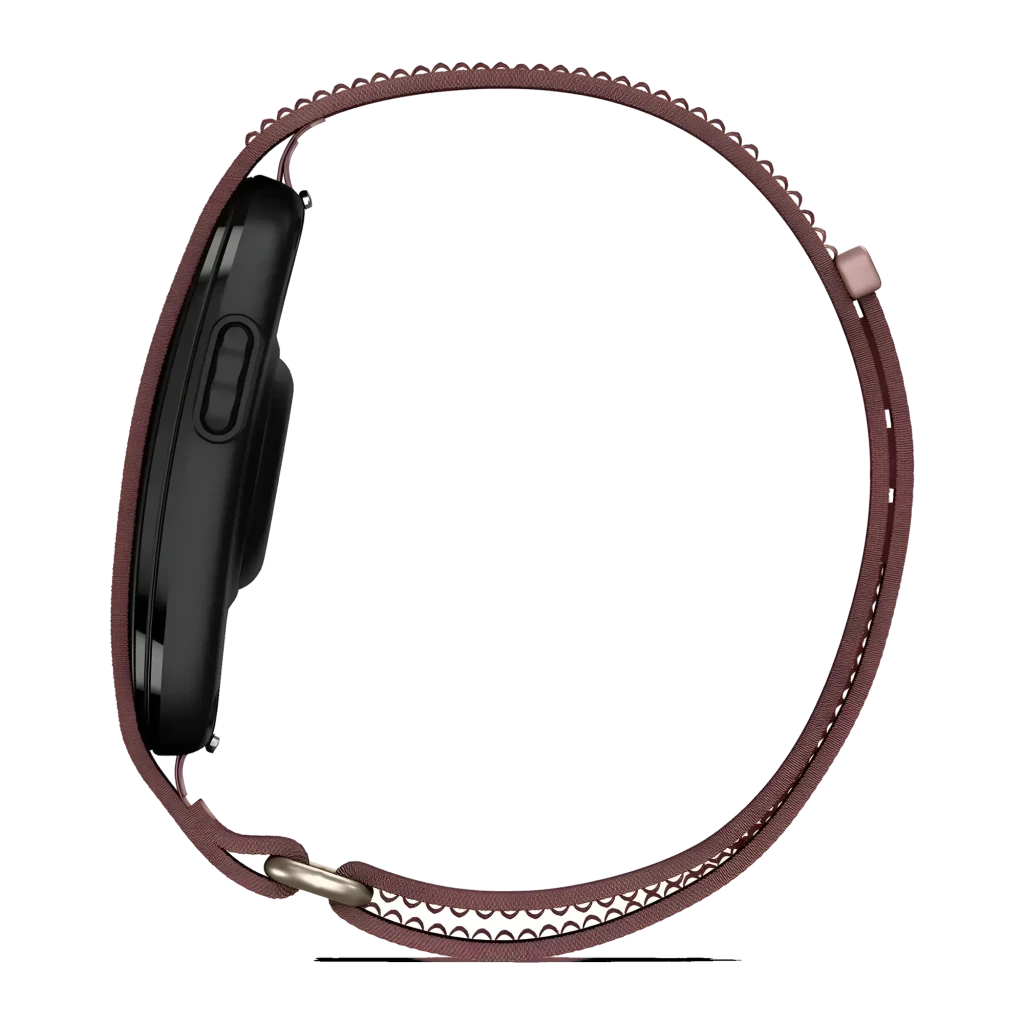 Garmin CIRQA Smart Band Malva L-XL roxo, vista lateral: pulseira têxtil em loop e cápsula preta lateral - Item1