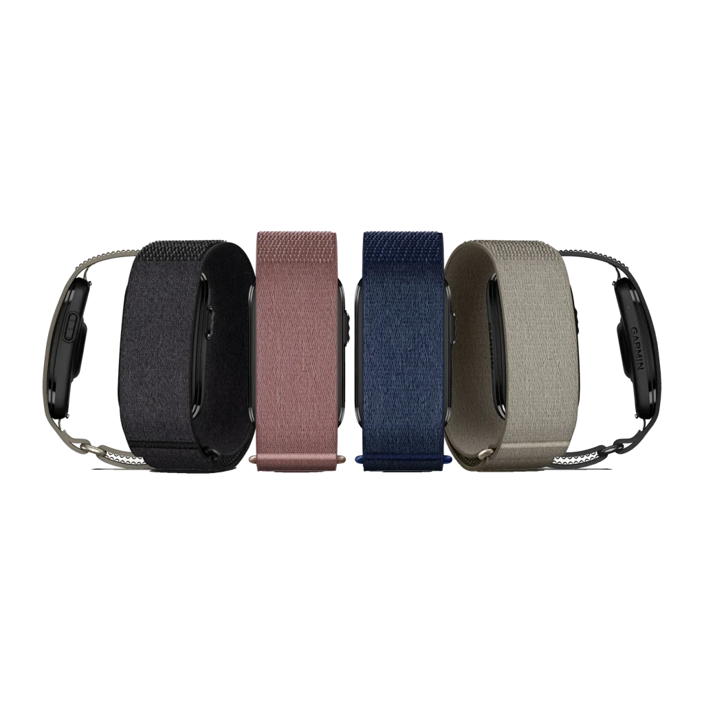 Garmin CIRQA Smart Band Malva L-XL roxo, vista lateral: pulseira têxtil em loop e cápsula preta lateral - Item3
