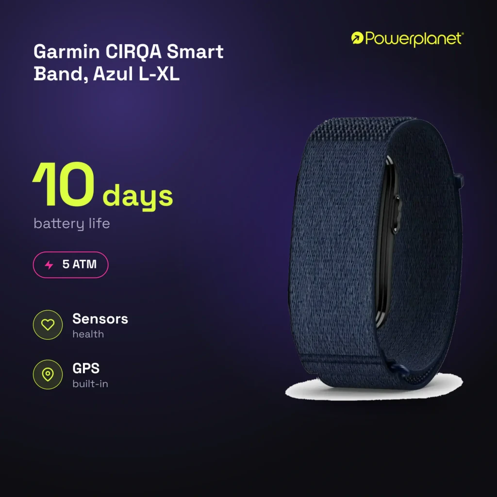 Garmin CIRQA Smart Band L-XL Azul, vista frontal em ângulo: pulseira têxtil azul-marinho e módulo central alongado - Item8