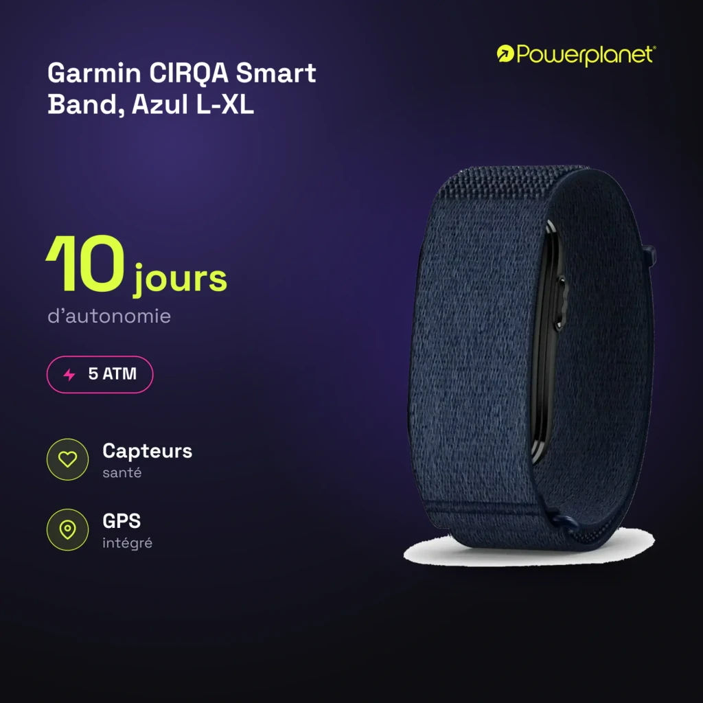 Garmin CIRQA Smart Band L-XL Azul, vista frontal em ângulo: pulseira têxtil azul-marinho e módulo central alongado - Item7