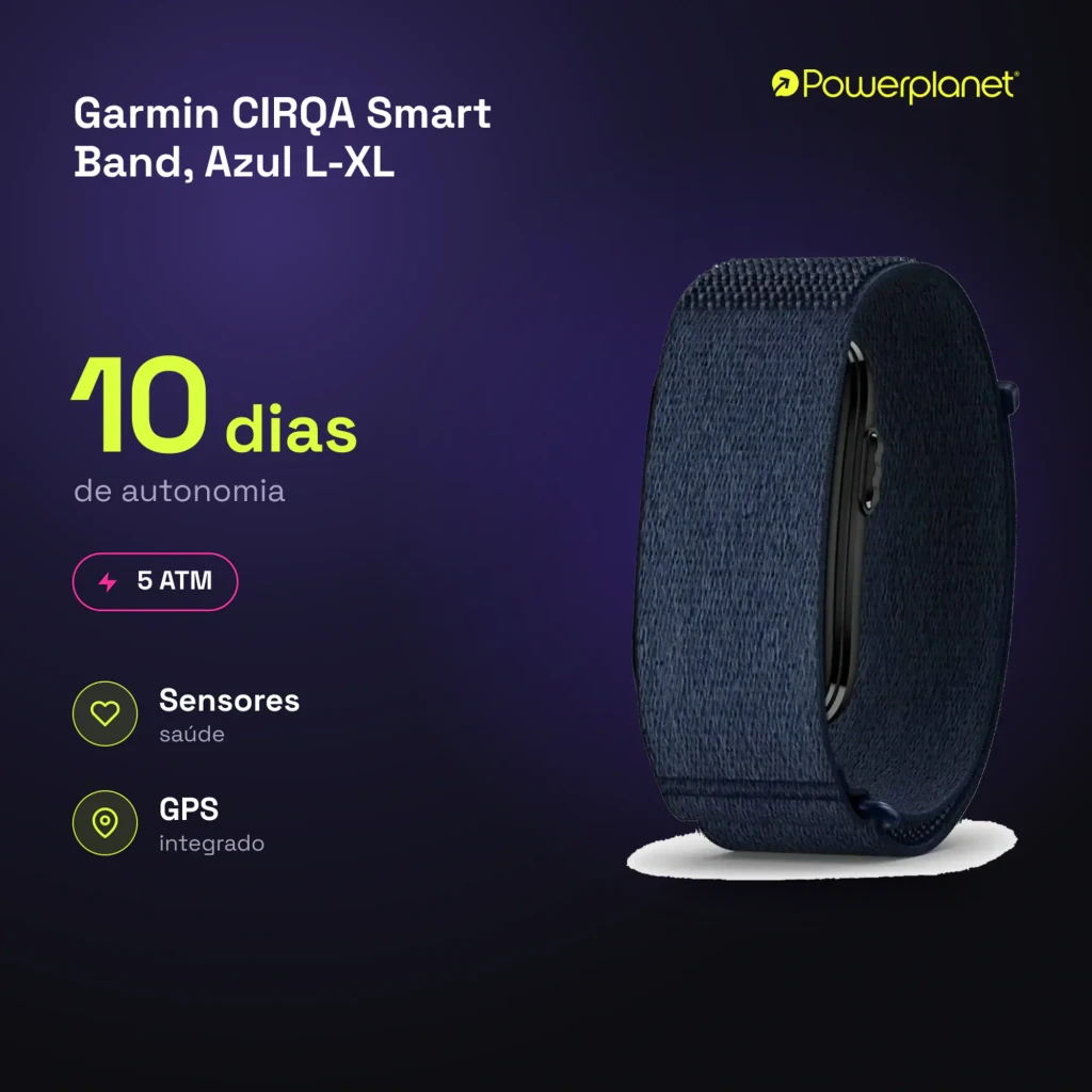 Garmin CIRQA Smart Band L-XL Azul, vista frontal em ângulo: pulseira têxtil azul-marinho e módulo central alongado - Item6