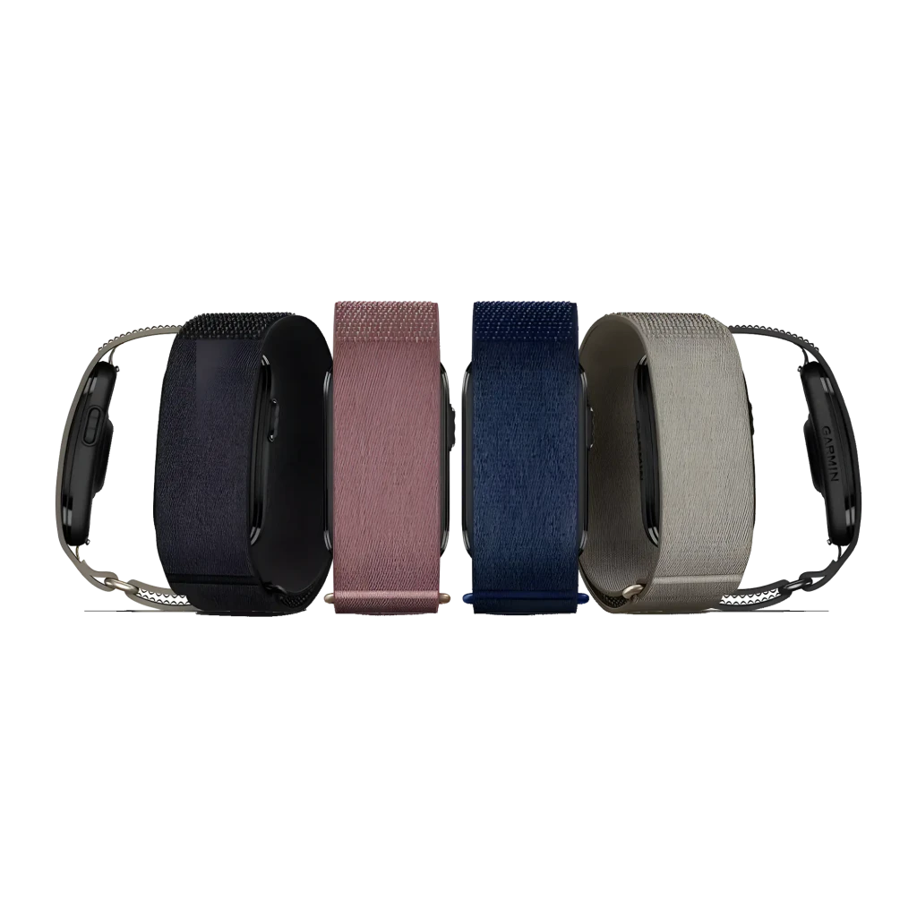 Garmin CIRQA Smart Band L-XL Azul, vista frontal em ângulo: pulseira têxtil azul-marinho e módulo central alongado - Item4