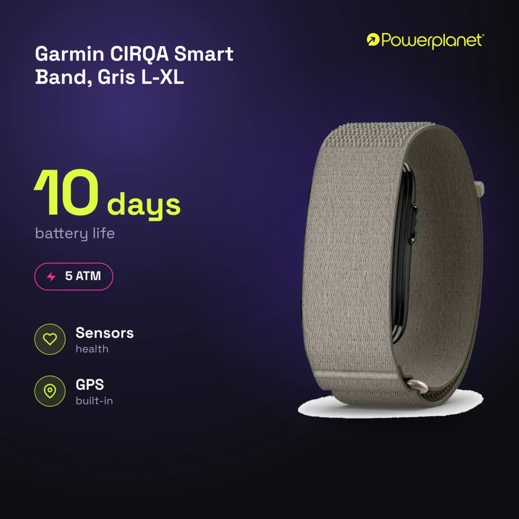 Garmin CIRQA Smart Band L-XL cinza, vista frontal em ângulo: pulseira têxtil trançada e corpo preto lateral - Item10