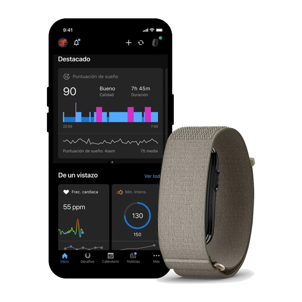 Garmin CIRQA Smart Band L-XL cinza, vista frontal em ângulo: pulseira têxtil trançada e corpo preto lateral - Item2