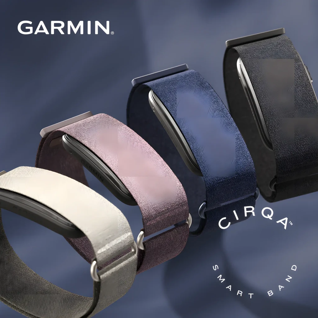 Garmin CIRQA Smart Band L-XL cinza, vista frontal em ângulo: pulseira têxtil trançada e corpo preto lateral - Item5
