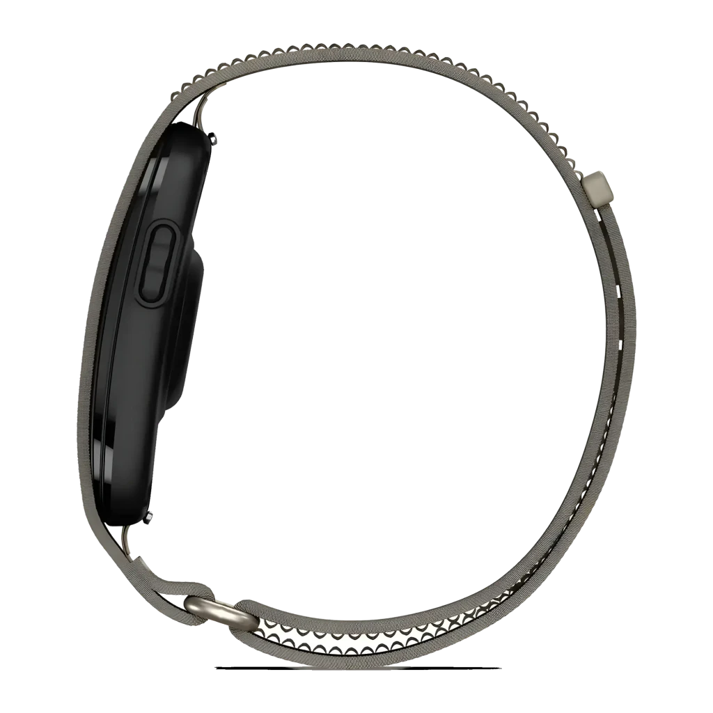 Garmin CIRQA Smart Band L-XL cinza, vista frontal em ângulo: pulseira têxtil trançada e corpo preto lateral - Item6