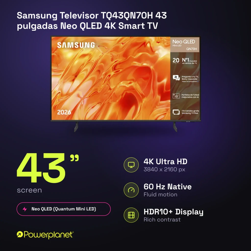 Samsung TQ43QN70H 43 pouces Neo QLED 4K Noir, vue de face: écran allumé avec dégradé orange et bordure noire fine - Ítem10