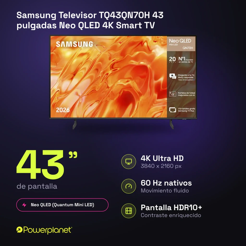 Samsung TQ43QN70H 43 pouces Neo QLED 4K Noir, vue de face: écran allumé avec dégradé orange et bordure noire fine - Ítem7