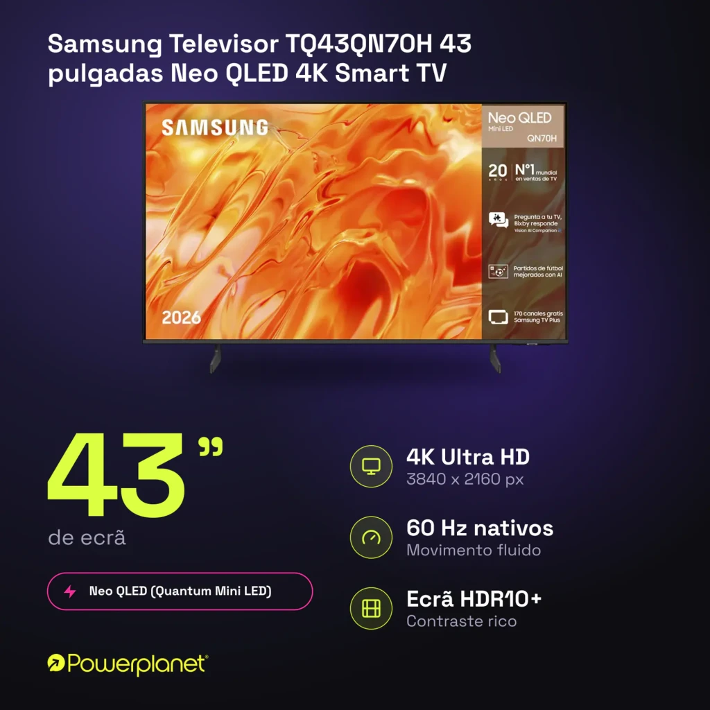 Samsung TQ43QN70H 43 pouces Neo QLED 4K Noir, vue de face: écran allumé avec dégradé orange et bordure noire fine - Ítem8