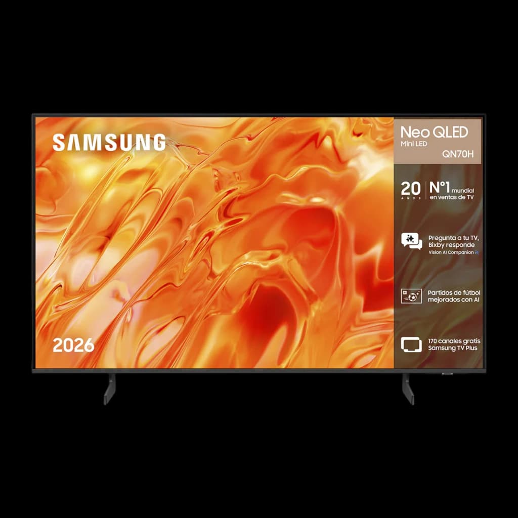 Samsung TQ43QN70H 43 pulgadas Neo QLED 4K Negro, vista frontal: pantalla encendida con degradado naranja y marco negro fino