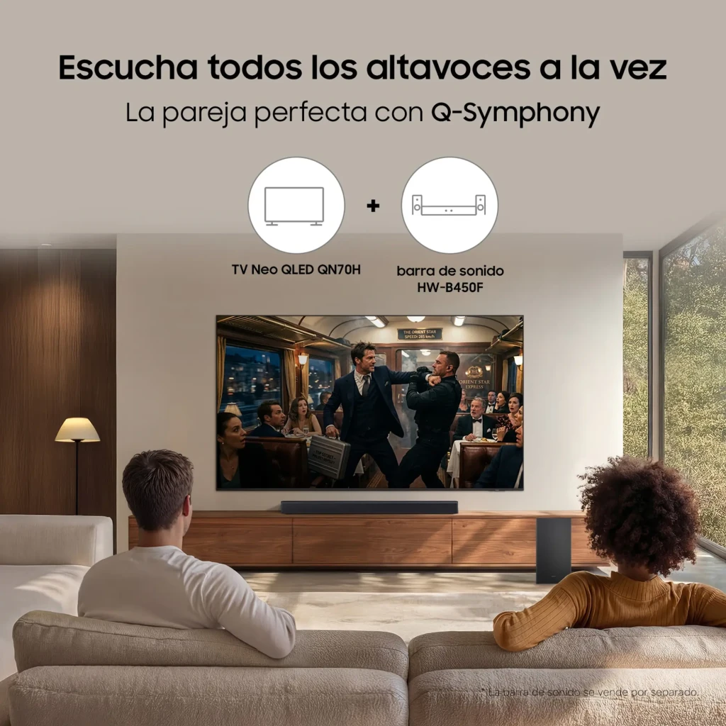 Samsung TQ43QN70H 43 pouces Neo QLED 4K Noir, vue de face: écran allumé avec dégradé orange et bordure noire fine - Ítem6