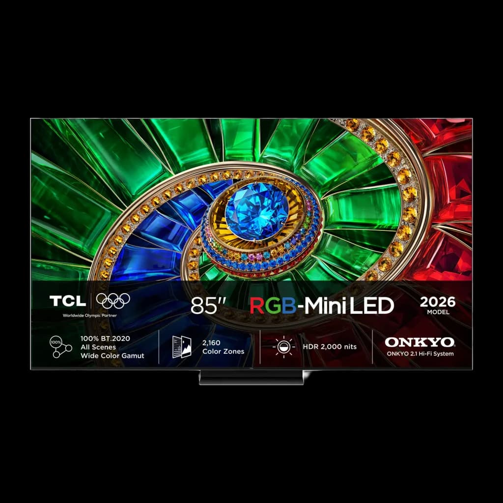 TCL 85RM7L 85 polegadas 4K Smart TV preto, vista frontal: ecrã RGB-Mini LED com imagem de olho colorido vibrante e