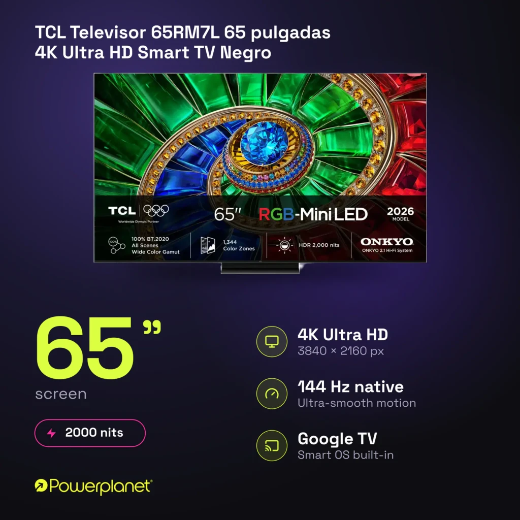 TCL 65RM7L 65 pulgadas 4K Smart TV negro, vista frontal: pantalla RGB-Mini LED con imagen colorida y especificaciones - Ítem10
