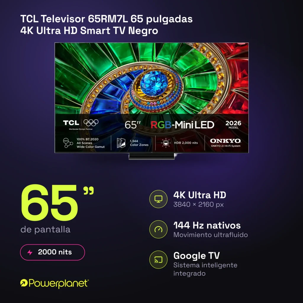 TCL 65RM7L 65 pulgadas 4K Smart TV negro, vista frontal: pantalla RGB-Mini LED con imagen colorida y especificaciones - Ítem7