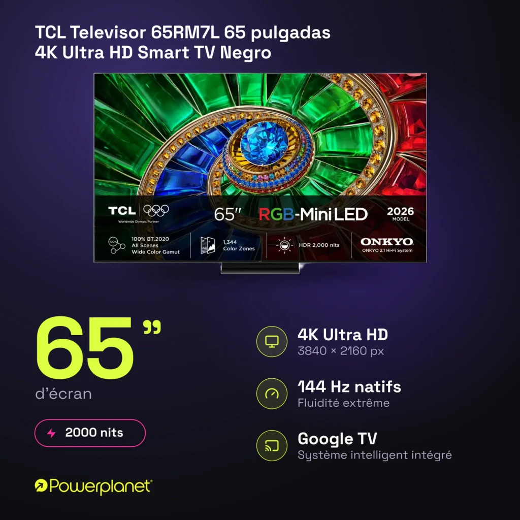 TCL 65RM7L 65 pulgadas 4K Smart TV negro, vista frontal: pantalla RGB-Mini LED con imagen colorida y especificaciones - Ítem9