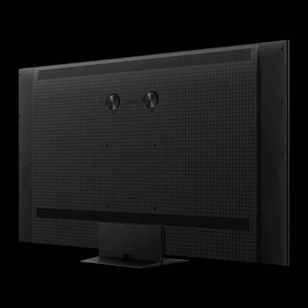 TCL 65RM7L 65 pouces 4K Smart TV noir, vue arrière en angle: panneau grille, vis VESA et pied rectangulaire visible