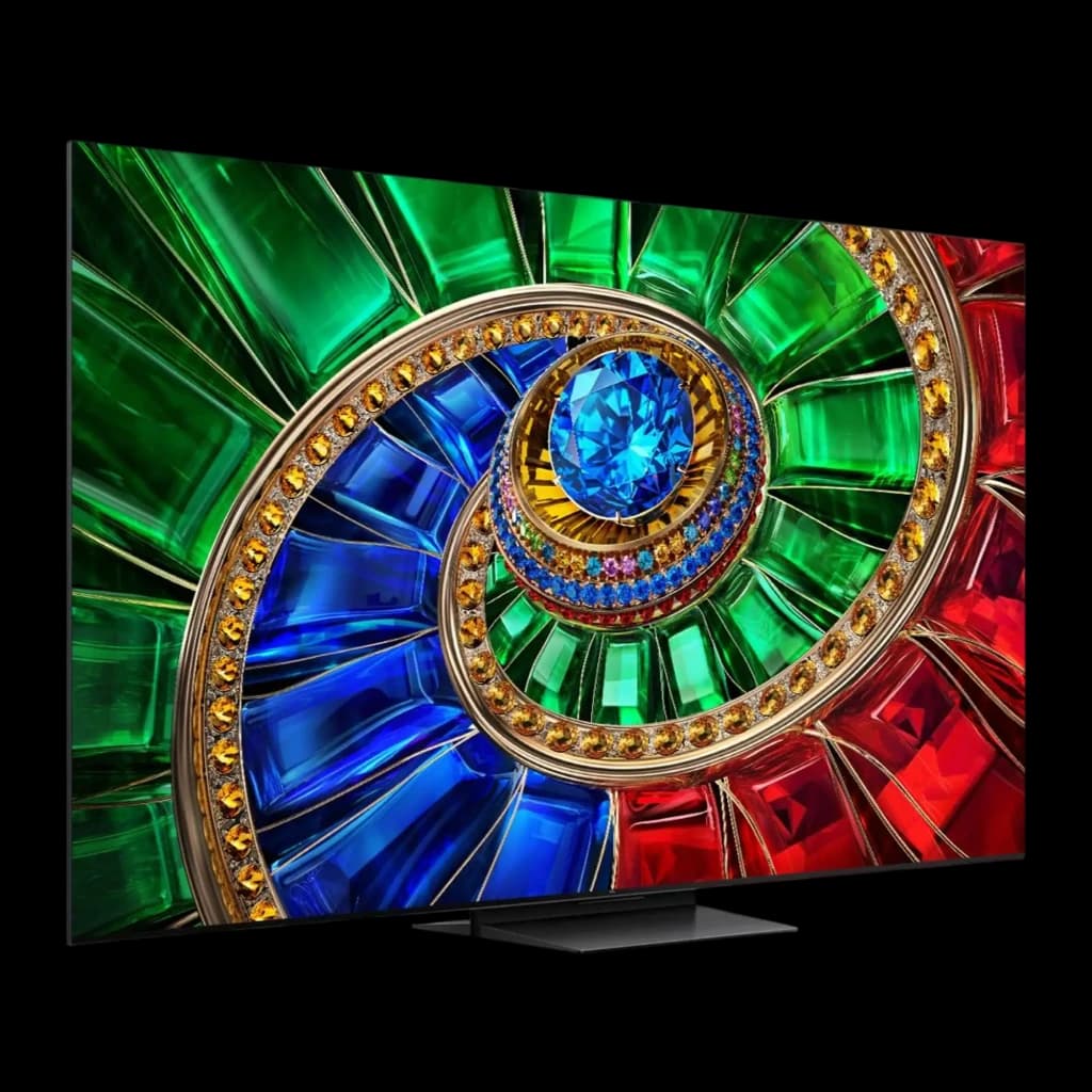 TCL 65RM7L 65 pouces 4K Smart TV noir, vue de face en angle bas: spirale de gemmes agrandie à l'écran et bordure ultra-fine
