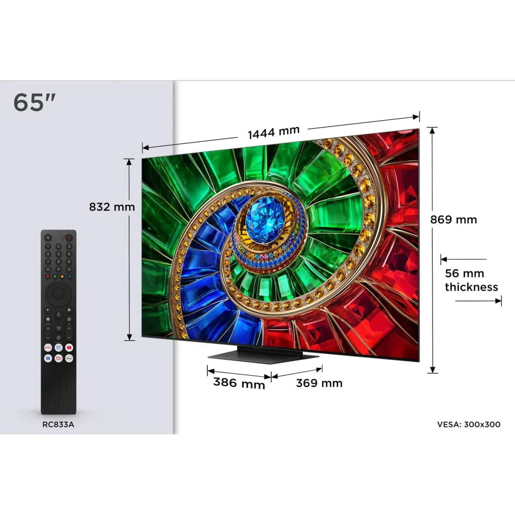 TCL Téléviseur 65RM7L 65 pouces 4K noir, dimensions: largeur 1444mm, hauteur 869mm et épaisseur 56mm avec télécommande RC833A
