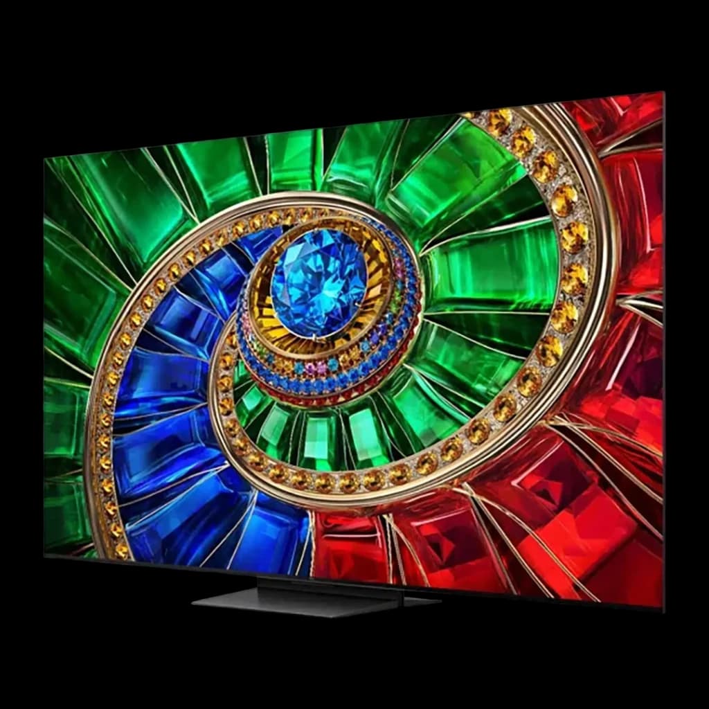 TCL 65RM7L 65 pouces 4K Smart TV noir, vue de face en angle: écran avec spirale de gemmes aux couleurs vives et pied central