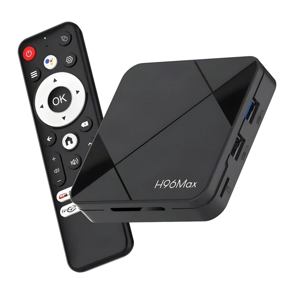 Reproductor Multimedia H96 Max 3518B RK3518 2G+8G Android 14 con control remoto, caja negra compacta con acabados geométricos y puertos laterales - Ítem1