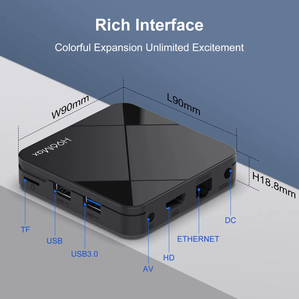 Reproductor Multimedia H96 Max 3518B RK3518 2G+8G Android 14 con control remoto, caja negra compacta con acabados geométricos y puertos laterales - Ítem4