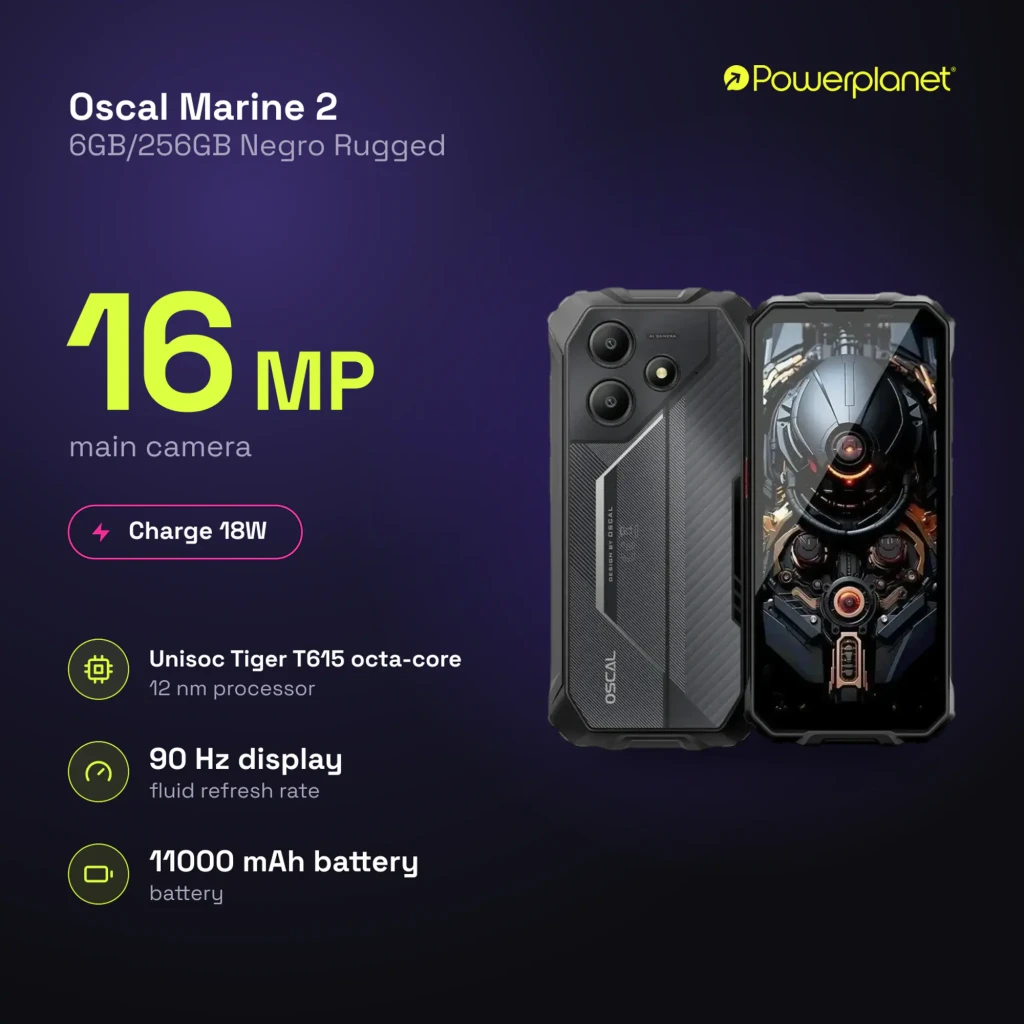 Oscal Marine 2 negro rugerizado con carcasa robusta, doble cámara trasera, marcos reforzados, pantalla grande con biseles gruesos y diseño industrial - Ítem1
