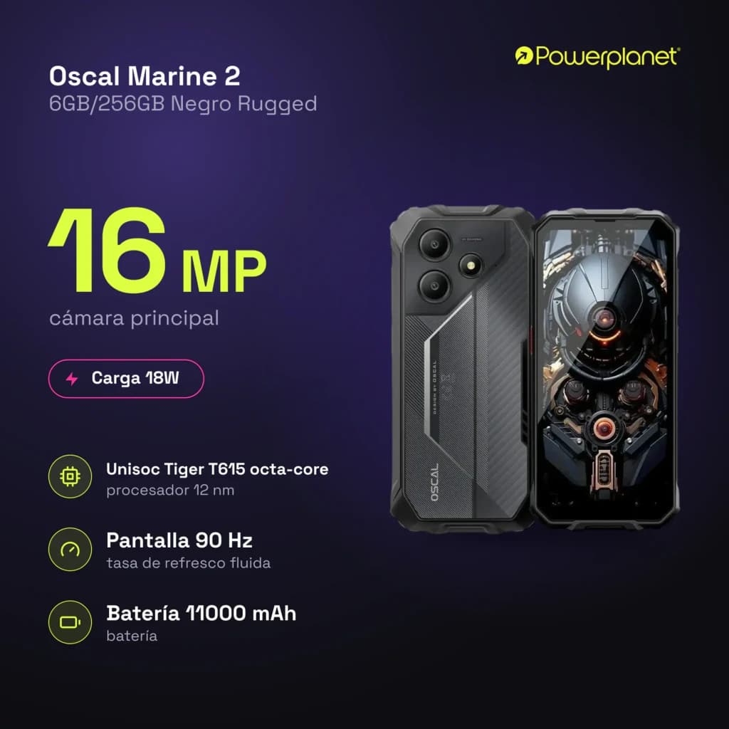 Smartphone Oscal Marine 2 noir robuste, triple caméra 16 MP, écran 90 Hz, 6 Go RAM 256 Go, batterie 11000 mAh, charge 18 W, normes IP68 IP69K MIL-STD-810H