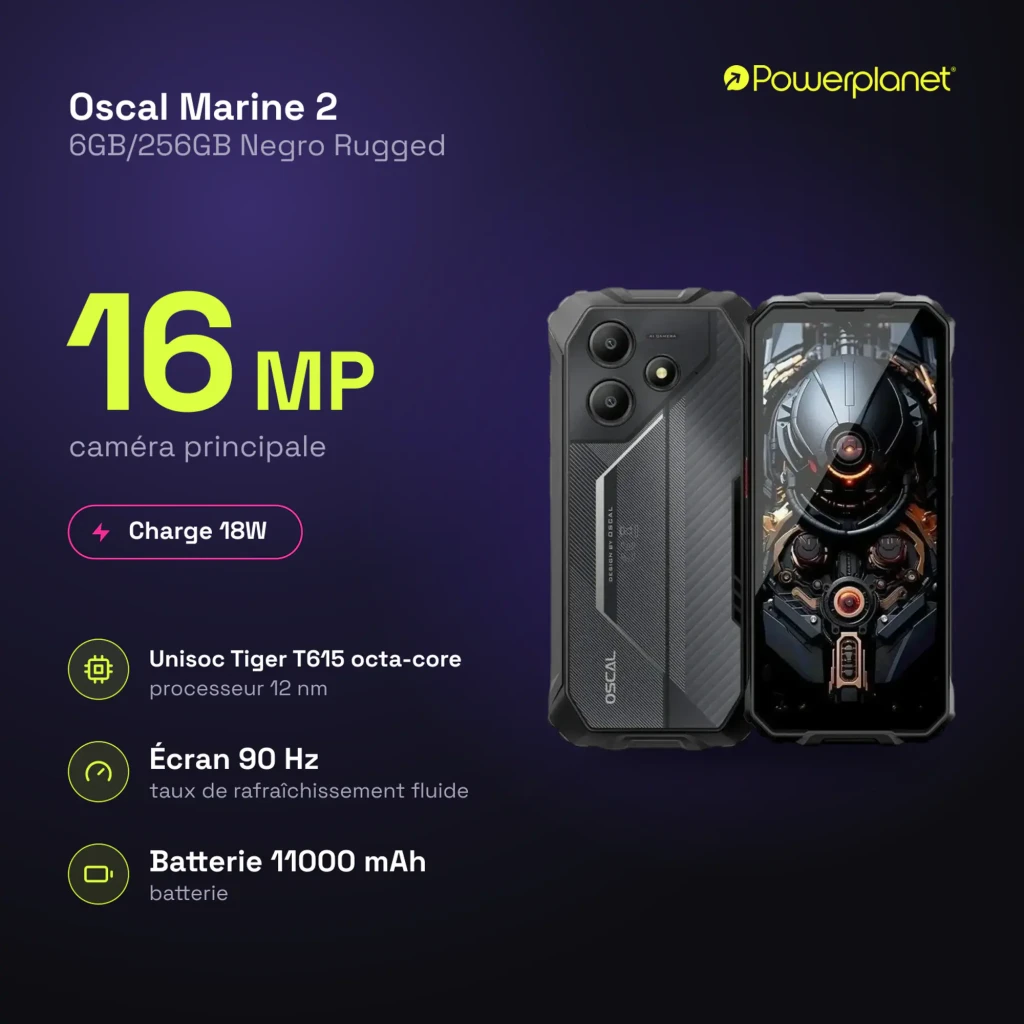 Oscal Marine 2 negro rugerizado con carcasa robusta, doble cámara trasera, marcos reforzados, pantalla grande con biseles gruesos y diseño industrial - Ítem2