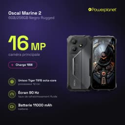 Oscal Marine 2 noir robuste avec triple caméra 16 MP, dos texturé, écran perforé 90 Hz, bords renforcés, boutons latéraux et logo Oscal visible