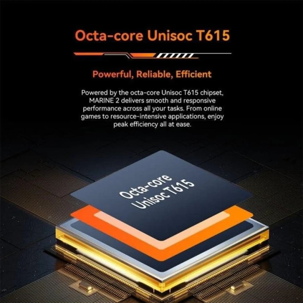 Oscal Marine 2 Noir avec puce Octa‑core Unisoc T615, design robuste MIL‑STD‑810H, batterie 11000 mAh, IP68/IP69K, 6 Go RAM et 256 Go de stockage