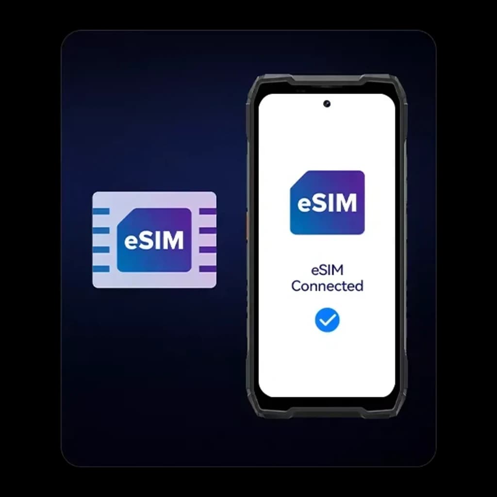 Écran de smartphone robuste avec eSIM activée, icône eSIM à gauche et mobile affichant eSIM Connected, fond sombre bleu, style moderne et net
