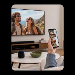 Smartphone Oscal Pilot 8 affichant une photo en miroir sur une TV grand écran; design robuste, écran net, usage salon moderne avec enceinte connectée
