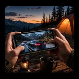 Smartphone robuste Oscal Pilot 8 affichant un jeu de course en plein air; grand écran lumineux, bords épais antichocs, prise en main ferme en camping