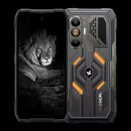 Oscal Pilot 8 robuste avec coque antichoc, accents orange, triple caméra et capteur thermique, écran montrant un lion, design industriel IP68 IP69K