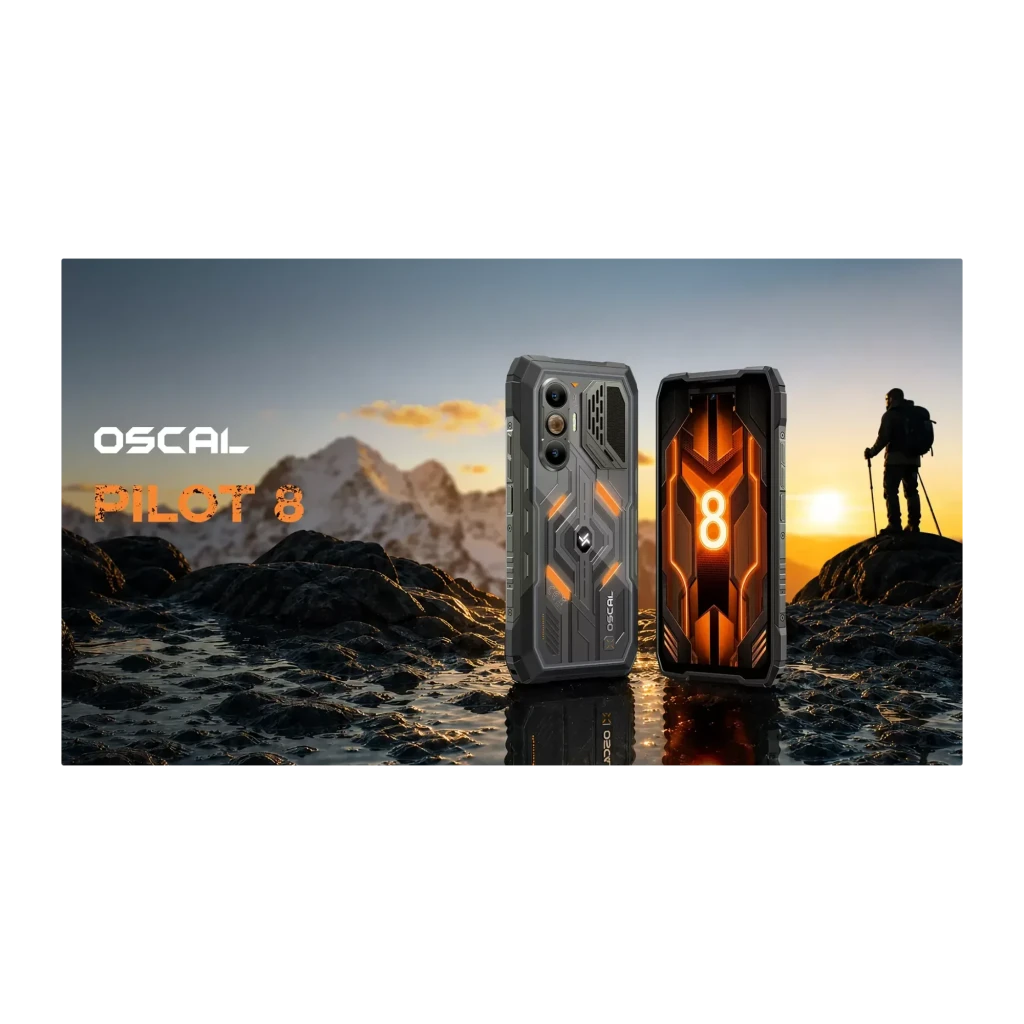 Oscal Pilot 8 robusto con carcasa rugerizada, triple cámara con módulo térmico, luces LED naranjas, altavoz trasero y pantalla con león en blanco y negro - Ítem12