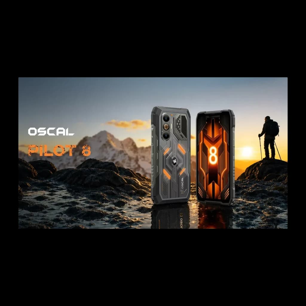 Oscal Pilot 8 robuste: coque blindée grise, accents orange, écran lumineux 8, double capteur arrière, design industriel antichoc pour outdoor