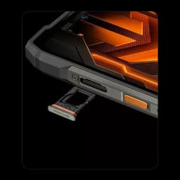 Tiroir latéral pour carte TF SIM sur smartphone robuste noir et orange, châssis renforcé, bouton texturé, finitions métalliques et écran aux reflets