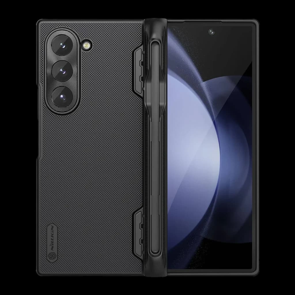 Coque pour smartphone Nillkin Super Frosted FOLD Magnetic Pen Slot Noir, vues avant et arrière: texture givrée, rail stylet