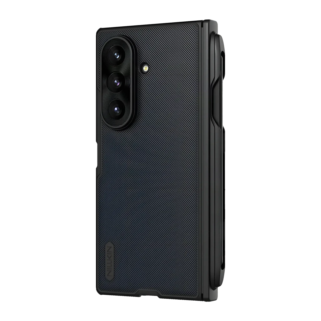 Coque pour smartphone Nillkin Super Frosted FOLD Magnetic Pen Slot Noir, vue arrière en angle: texture givrée, module