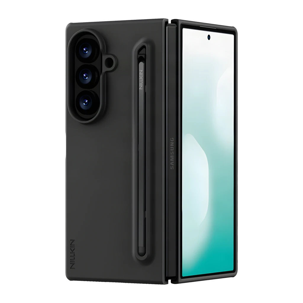 Capa para smartphone Nillkin Flex Pure Fold Pen Slot Preto Silicone líquido + PC, vista em ângulo: traseira com módulo