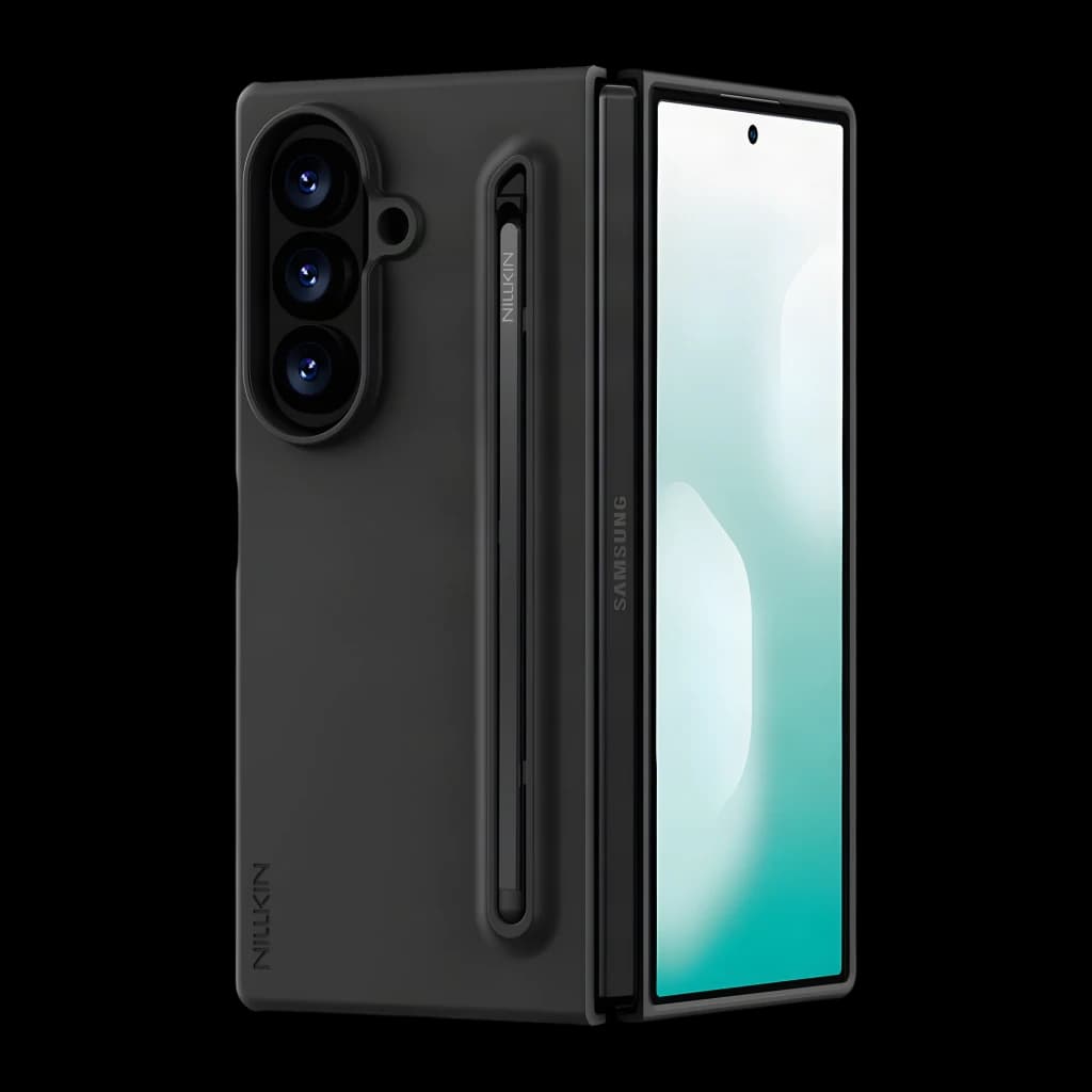 Capa para smartphone Nillkin Flex Pure Fold Pen Slot Preto Silicone líquido + PC, vista em ângulo: traseira com módulo