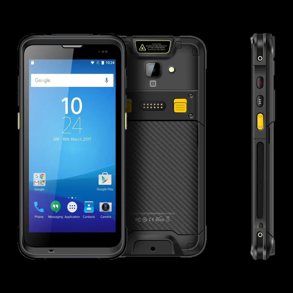 Chainway C66 robuste IP65 noir, écran 5,5 pouces, coques renforcées, boutons latéraux jaunes, module caméra arrière, ports protégés, design antichoc
