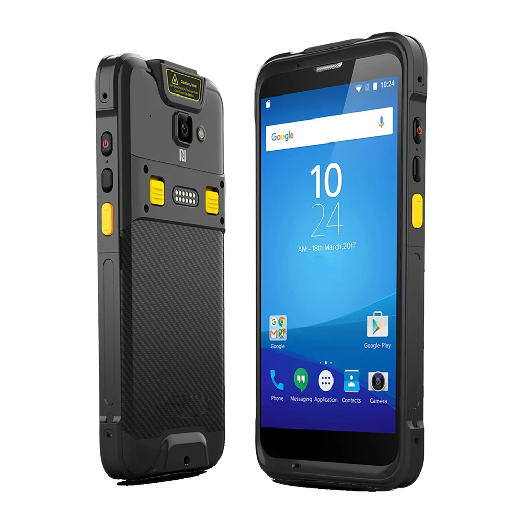 Chainway C66 robuste IP65, écran 5,5 pouces IPS IGZO, boutons latéraux jaunes, coque noire texturée, scanner 2D SE4710, ports pogo arrière, double SIM 4G